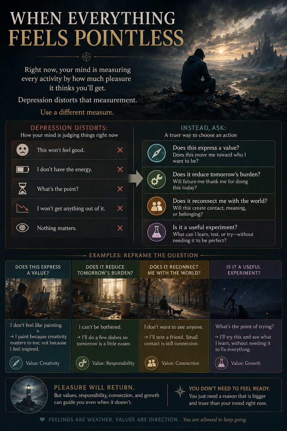 A poster titled 'When Everything Feels Pointless' with a person sitting on a rock in a vast landscape. It contrasts depression's distorted judgments with value-based questions to guide actions. Includes examples of reframing questions to express values, reduce burdens, reconnect with the world, and experiment usefully.