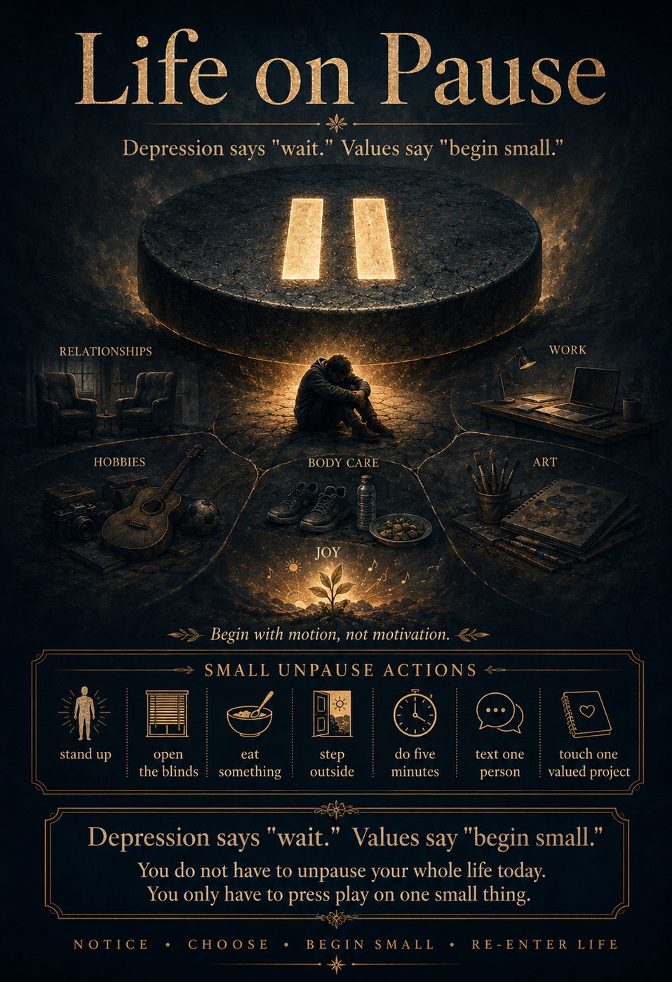 Poster titled 'Life on Pause' with a large pause button and a person sitting beneath it. Surrounding are words like relationships, work, hobbies, body care, art, and joy. Text includes 'Depression says wait. Values say begin small.' and 'Begin with motion, not motivation.' Small actions are listed: stand up, open the blinds, eat something, step outside, do five minutes, text one person, touch one valued project.