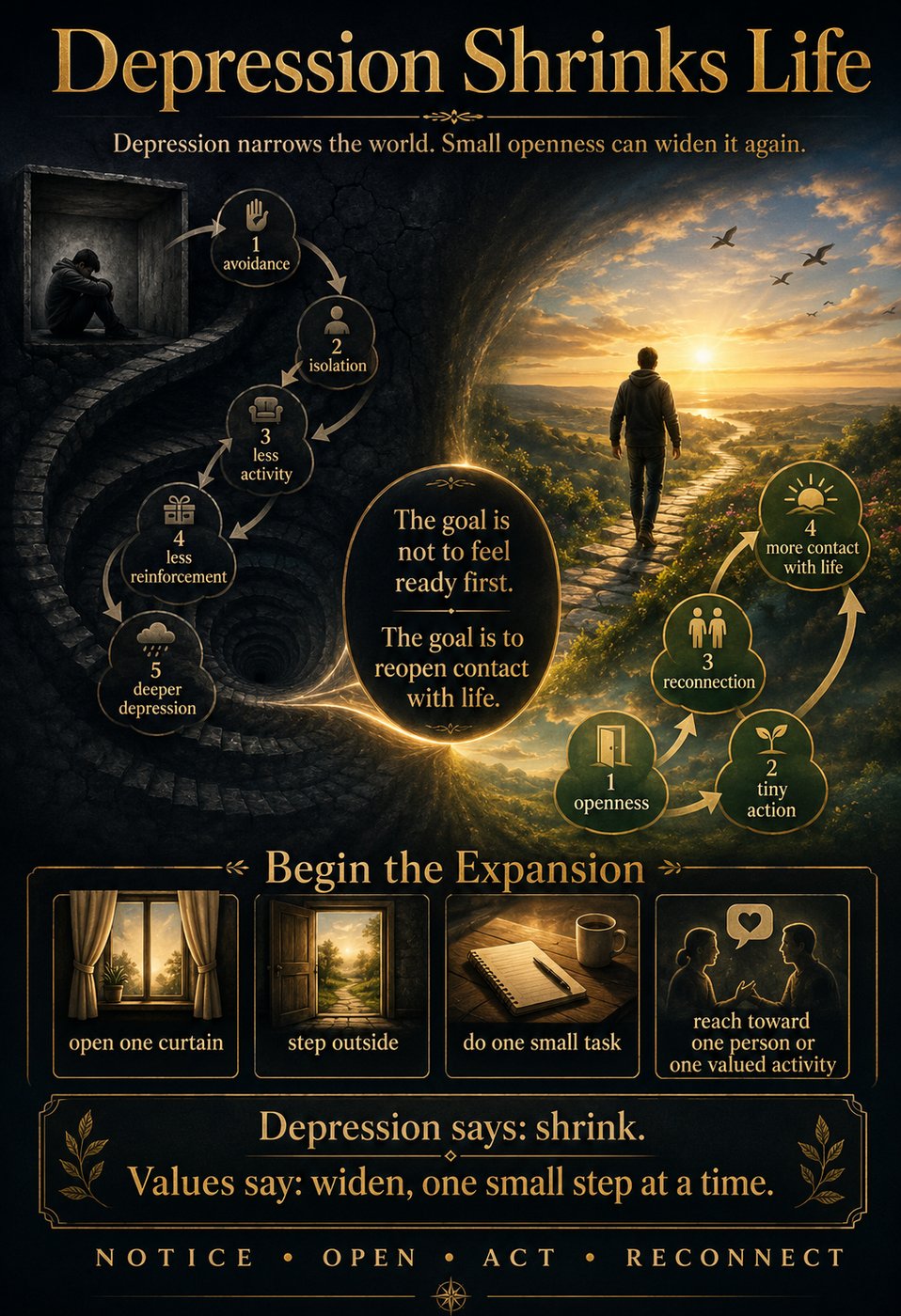 Poster titled 'Depression Shrinks Life' showing a path from darkness to light with steps to openness and contact with life. Includes actions like opening a curtain and stepping outside.