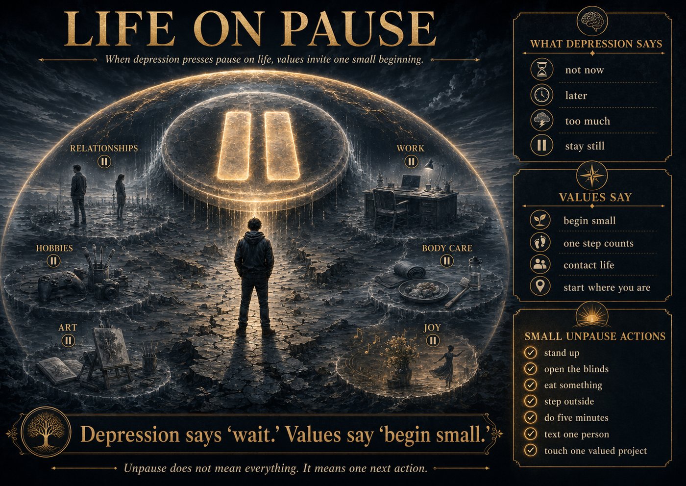 A person stands before a glowing pause symbol with areas labeled relationships, work, hobbies, body care, art, and joy. Text contrasts depression's messages like 'stay still' with values' messages like 'begin small.'