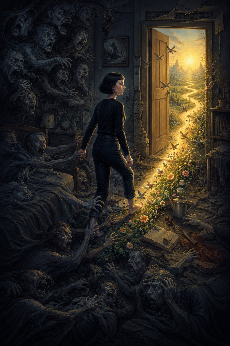 A person walks towards an open door with sunlight and nature outside, leaving behind a dark room filled with shadowy figures.