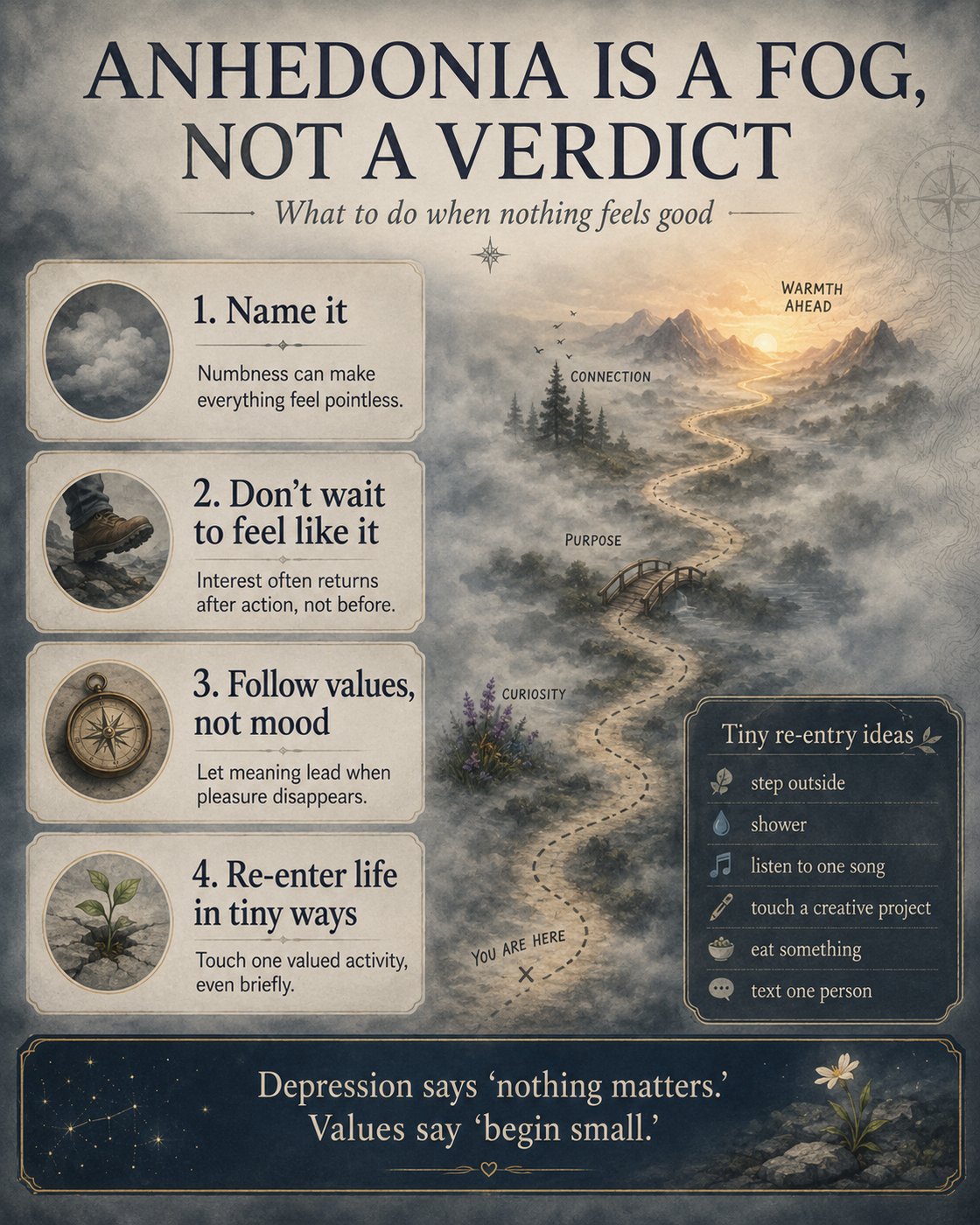 Poster titled 'Anhedonia is a Fog, Not a Verdict' with steps to manage anhedonia: 1. Name it, 2. Don’t wait to feel like it, 3. Follow values, not mood, 4. Re-enter life in tiny ways. Includes a foggy path leading to warmth, with re-entry ideas like stepping outside and listening to a song.