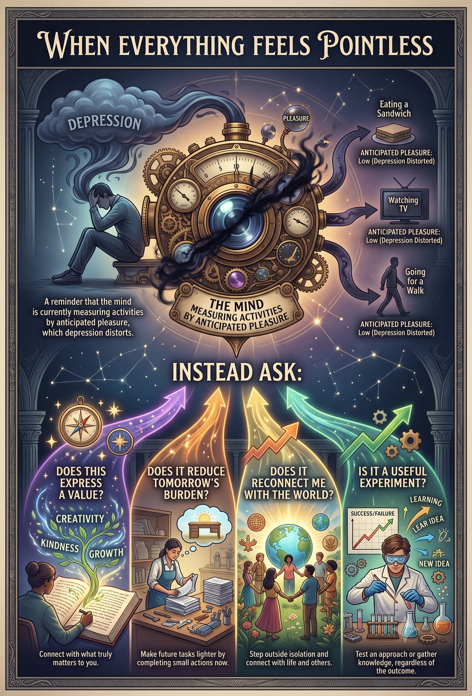 A poster titled 'When everything feels Pointless' shows a person with depression and a clock-like mind measuring activities by anticipated pleasure. It suggests asking questions like 'Does this express a value?', 'Does it reduce tomorrow's burden?', 'Does it reconnect me with the world?', and 'Is it a useful experiment?' to find meaning.