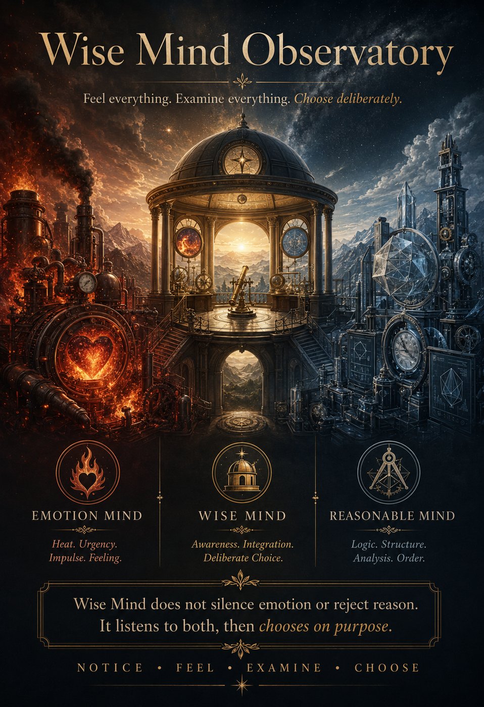 A poster titled 'Wise Mind Observatory' depicting a central observatory flanked by fiery and mechanical imagery, representing Emotion Mind and Reasonable Mind. Text explains the integration of emotion and reason into Wise Mind.