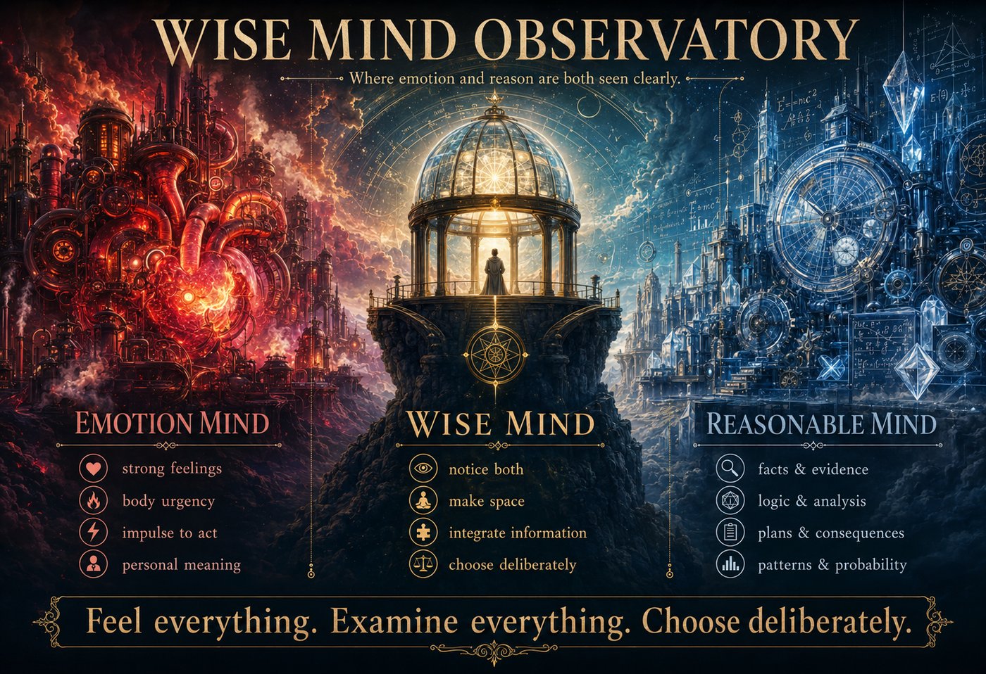 Poster titled 'Wise Mind Observatory' with sections for Emotion Mind, Wise Mind, and Reasonable Mind. Emotion Mind includes strong feelings and impulse to act. Reasonable Mind includes facts and logic. Wise Mind integrates both.