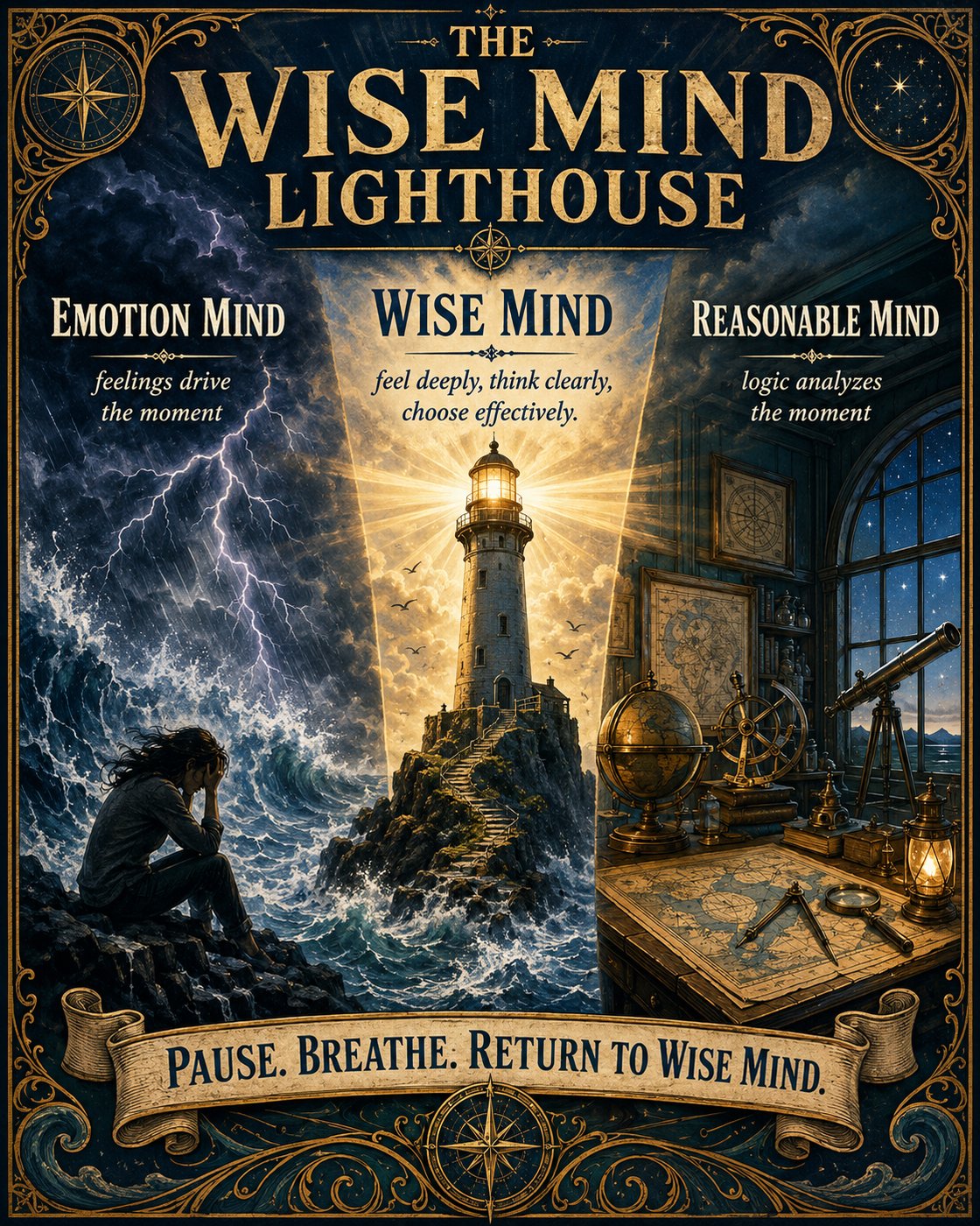 A poster titled 'The Wise Mind Lighthouse' depicting three sections: Emotion Mind with stormy seas, Wise Mind with a lighthouse, and Reasonable Mind with a study room. Text reads: 'feelings drive the moment', 'feel deeply, think clearly, choose effectively', and 'logic analyzes the moment'. A banner says 'Pause. Breathe. Return to Wise Mind.'