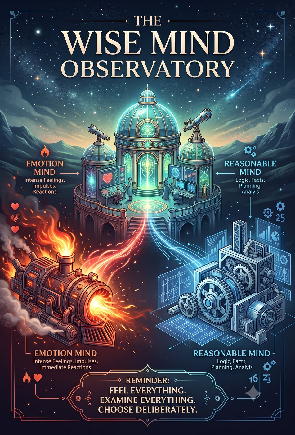 Illustration of a central observatory with two sections: Emotion Mind as a fiery train and Reasonable Mind as a mechanical gear system. Text: 'Emotion Mind: Intense Feelings, Impulses, Immediate Reactions' and 'Reasonable Mind: Logic, Facts, Planning, Analysis'. Reminder: 'Feel everything. Examine everything. Choose deliberately.'